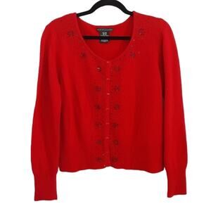 Vintage Y2K Cardigan Sweater Red Angora Beaded Tiny Button Womens XL Holiday